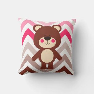 Pink & Brown Chevron Teddy Bear Throw Pillow