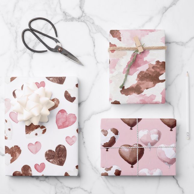 Pink Brown Cocoa Cow Print Hearts Birthday Wrapping Paper Sheets (Front)