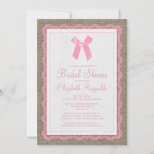 Pink Brown Country Burlap Bridal Shower Invitation