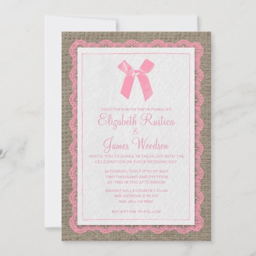 Pink &amp; Brown Country Burlap Wedding Invitations