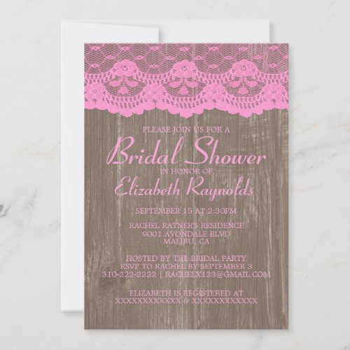 Pink Brown Country Lace Bridal Shower Invitations