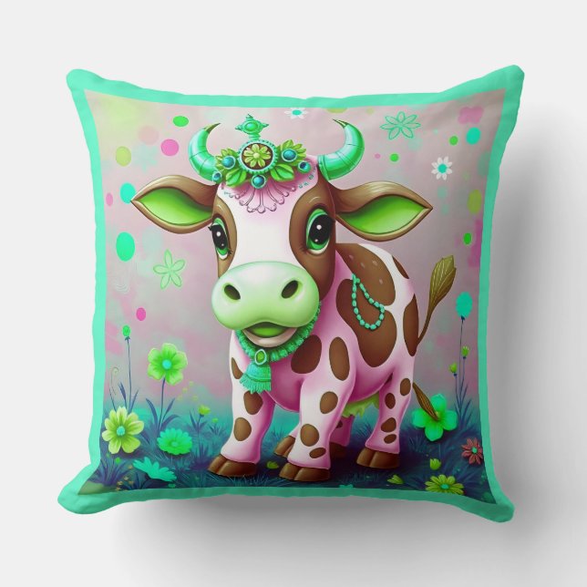 Pink Brown Cow Indian Accents Throw Pillow (Front)