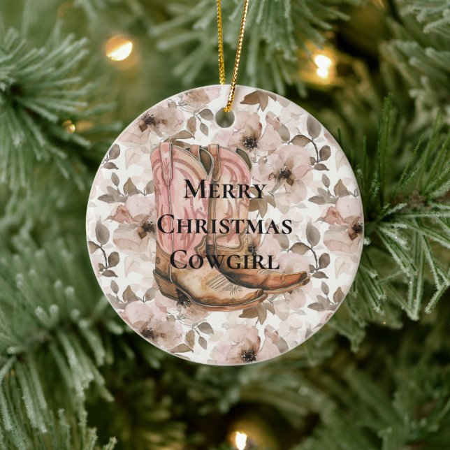 Pink Brown Cowgirl Boots Floral Christmas Ceramic Ornament (Tree)