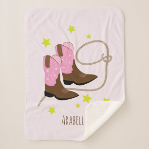 Pink & Brown Cowgirl Boots & Rope, Personalized Sherpa Blanket