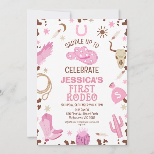 Pink Brown Cowgirl First Rodeo 1st Birthday Invitation