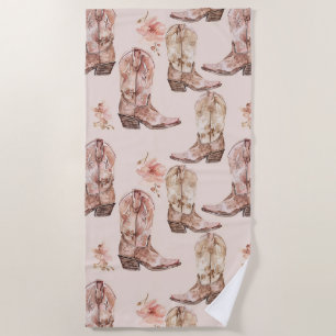 Pink Brown Cowgirl Southwestern Boots Floral Beach Towel