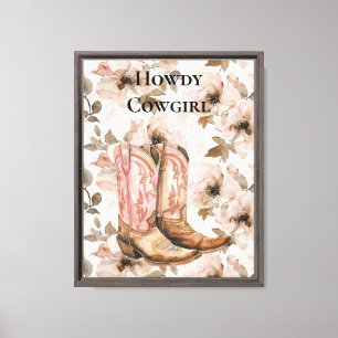 Pink Brown Cowgirl Southwestern Boots Floral Canvas Print