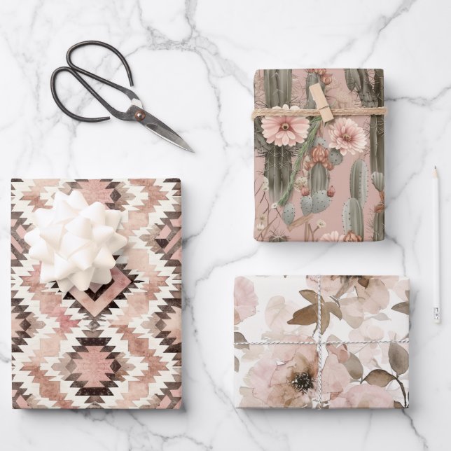 Pink Brown Cowgirl Southwestern Floral Birthday Wrapping Paper Sheets (Front)