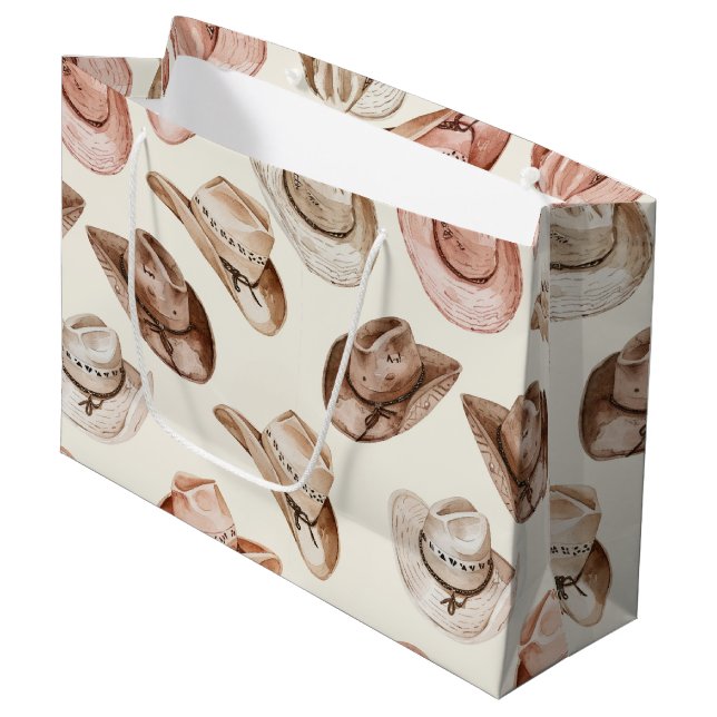 Pink Brown Cowgirl Southwestern Hats Birthday Large Gift Bag (Front Angled)