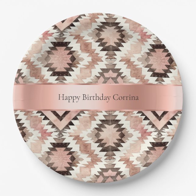 Pink Brown Cowgirl Southwestern Tribal Birthday Paper Plates (Front)