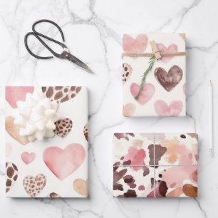 Pink Brown Cream Leopard Animal Hearts Birthday Wrapping Paper Sheets