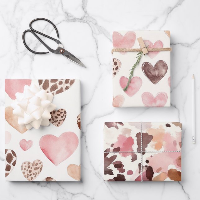 Pink Brown Cream Leopard Animal Hearts Birthday Wrapping Paper Sheets (Front)