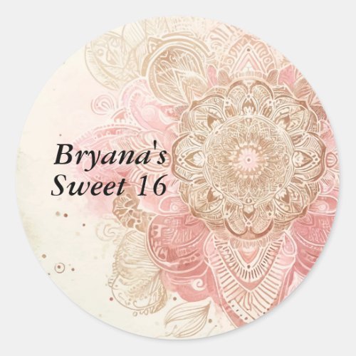 Pink Brown Cream Mandala Bohemian Boho Birthday Classic Round Sticker