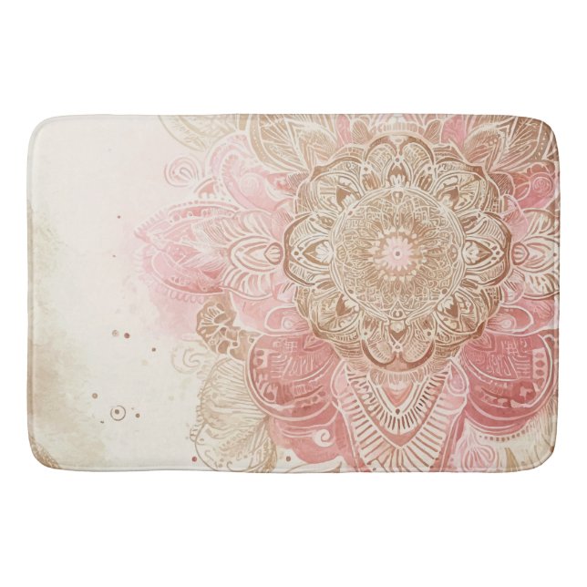 Pink Brown Cream Mandala Bohemian Boho Fashion Bath Mat (Front)