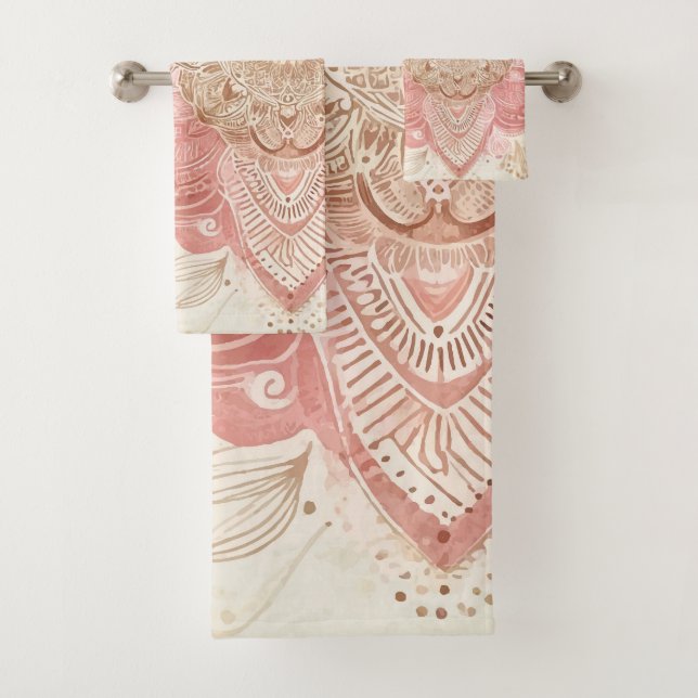 Pink Brown Cream Mandala Bohemian Boho Fashion Bath Towel Set (Insitu)