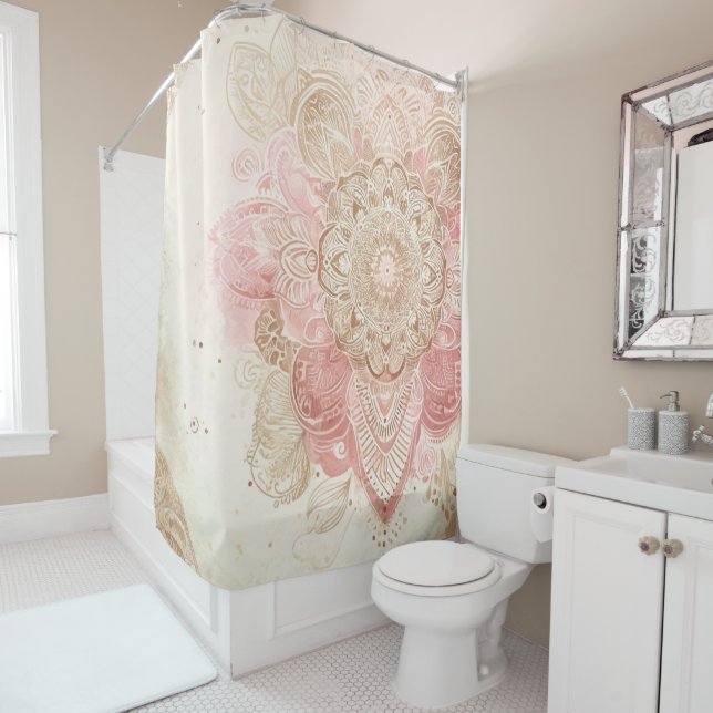 Pink Brown Cream Mandala Bohemian Boho Fashion Shower Curtain (In Situ)