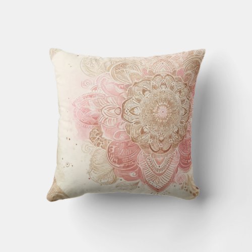 Pink Brown Cream Mandala Bohemian Boho Fashion Throw Pillow