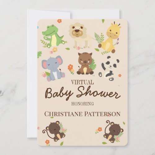 Pink Brown Cute Baby Animals Virtual Baby Shower Invitation