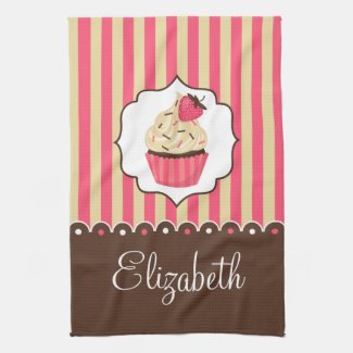 Pink & Brown Cute Cupcake With Custom Name Kitchen Towel