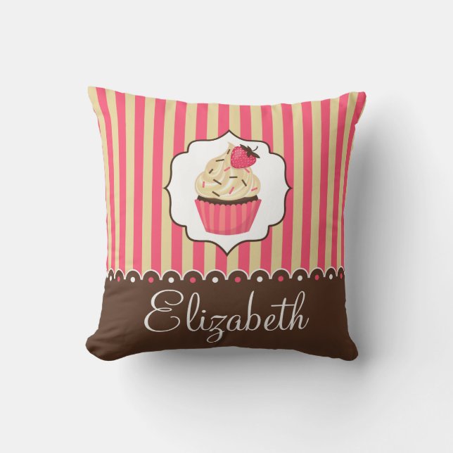 Pink & Brown Cute Cupcake With Custom Name Throw Pillow (Front)