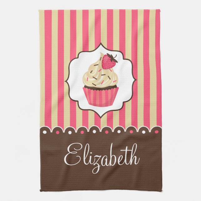 Pink & Brown Cute Cupcake With Custom Name Towel (Vertical)