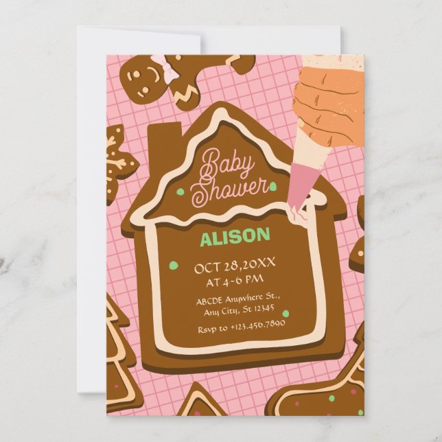 Pink brown cute Gingerbread baby shower  Invitation (Front)