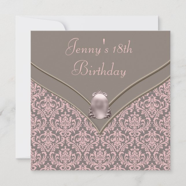 Pink Brown Damask Girls 18th Birthday Party Invitation (Front)