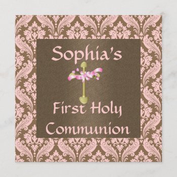 Pink & Brown Damask Holy Communion Invitations by PersonalCustom at Zazzle