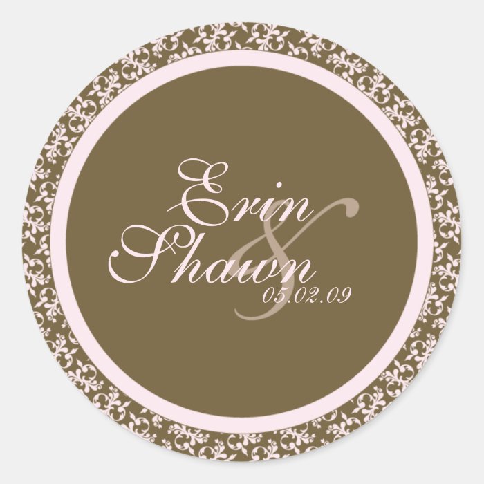 Pink & Brown Damask TEMPLATE Round Stickers