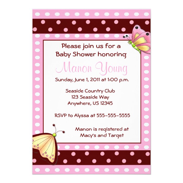 Pink Brown Dot Butterfly Baby Shower Invitation