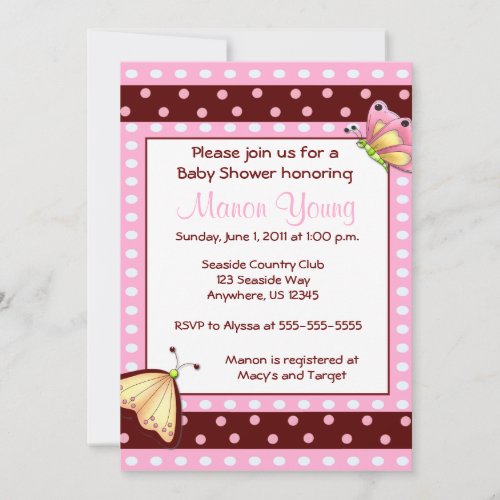 Pink Brown Dot Butterfly Baby Shower Invitation