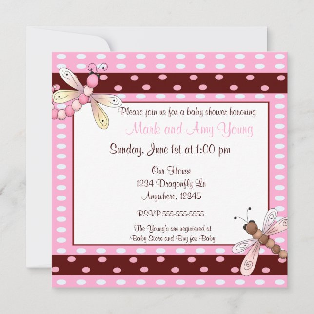 Pink brown dot dragonfly baby shower invitation (Front)
