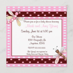Pink brown dot dragonfly baby shower invitation