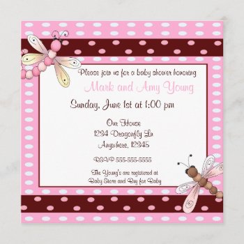 Pink Brown Dot Dragonfly Baby Shower Invitation by mybabytee at Zazzle