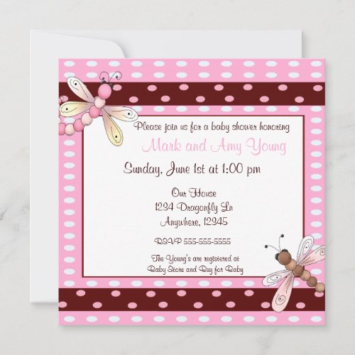 Pink brown dot dragonfly baby shower invitation