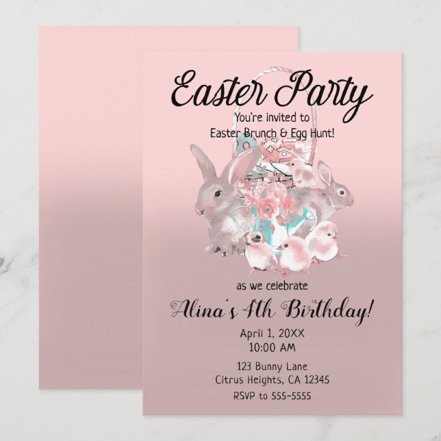 Pink Brown Easter Egg Hunt Spring Birthday Party Invitation (Front/Back)