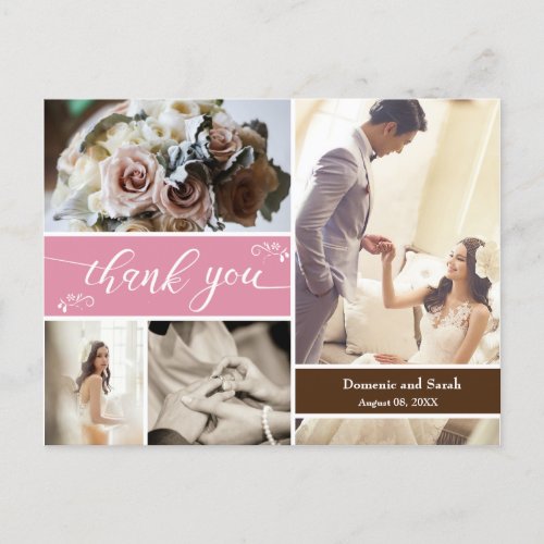 Pink Brown Elegant Summer Wedding Thank you Postcard