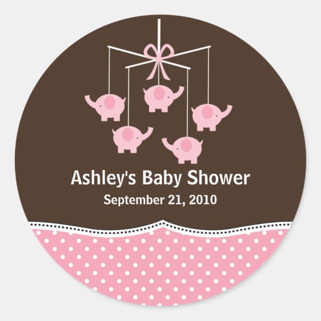 Pink & Brown Elephant Mobile Baby Shower Classic Round Sticker (Front)