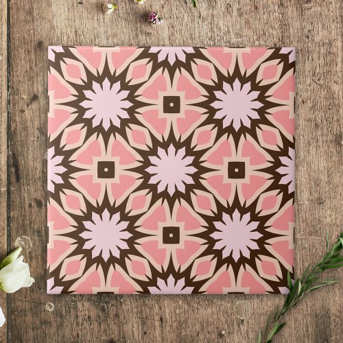 Pink  Brown Ethnic Mosaic Geometric Pattern Ceramic Tile