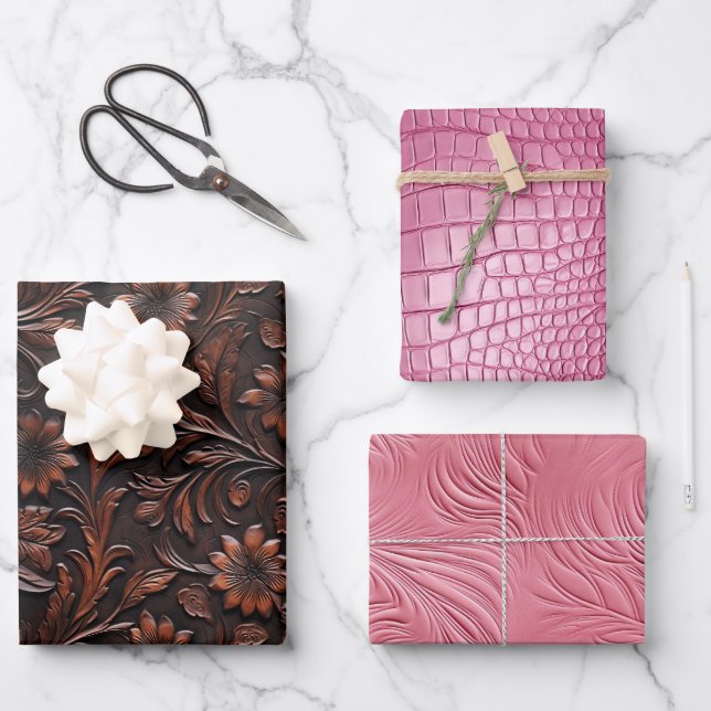 Pink Brown Faux Leather Cowgirl Floral Wrapping Paper Sheets (Front)