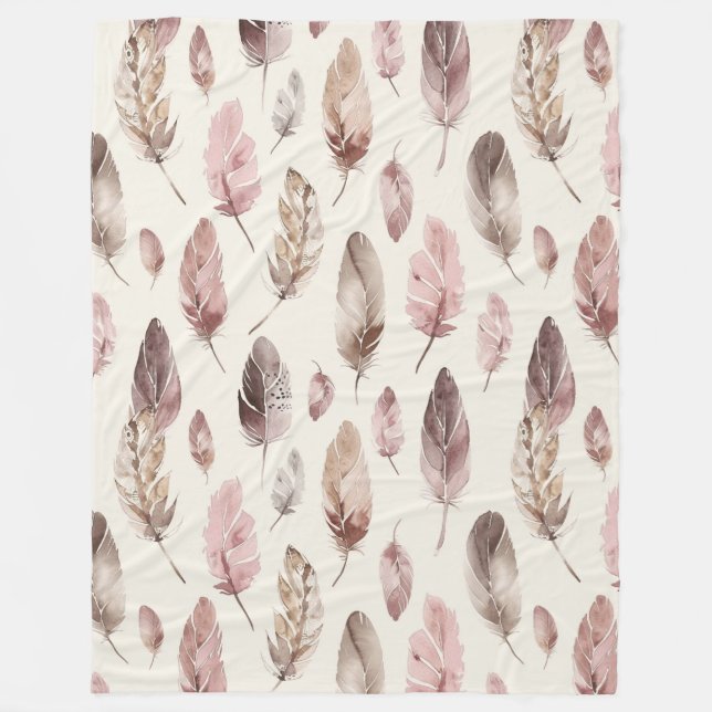 Pink Brown Feathers Birthday Fleece Blanket (Front)