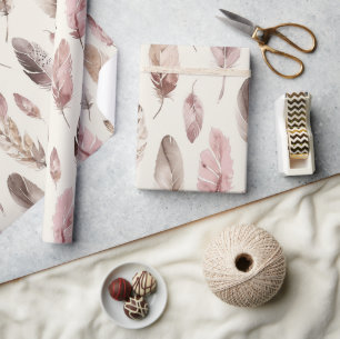 Pink Brown Feathers Birthday Wrapping Paper