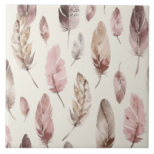 Pink Brown Feathers Ceramic Tile