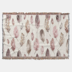 Pink Brown Feathers Throw Blanket