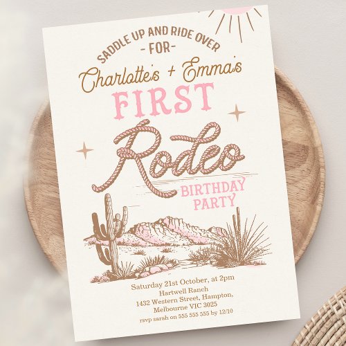 Pink Brown First Rodeo Joint Twins 1st Birthday  Invitation
