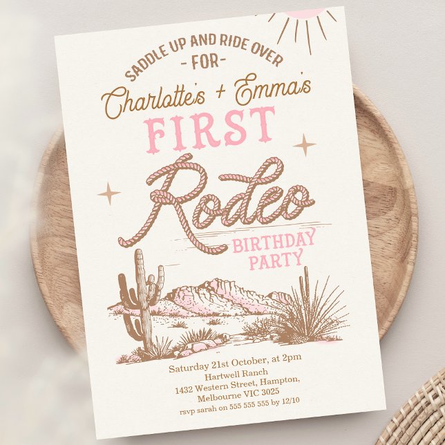 Pink Brown First Rodeo Joint Twins 1st Birthday  Invitation (Pink Brown Twin Girls First Rodeo Birthday Invitation 1st Rodeo 1st Birthday Invite For Twin Girls)