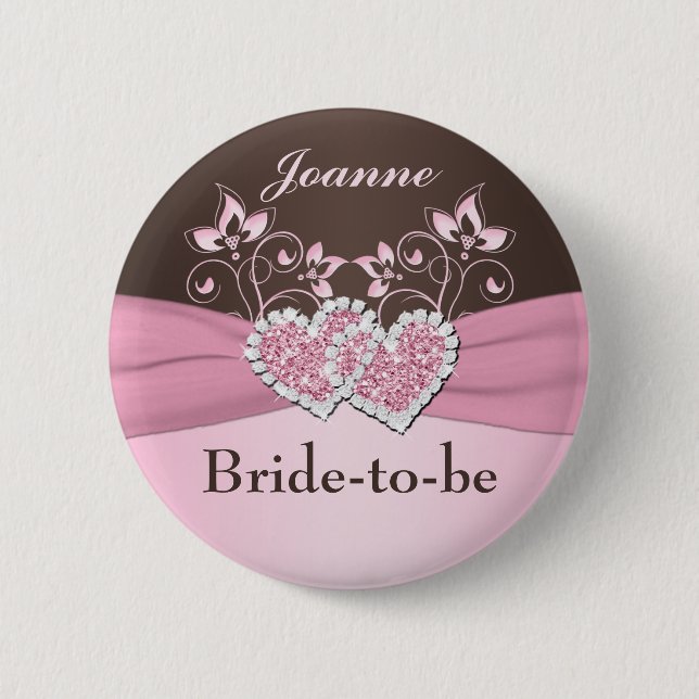 Pink, Brown Floral Bride-to-be Pin (Front)