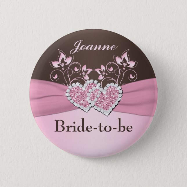 Pink, Brown Floral Bride-to-be Pin (Front)