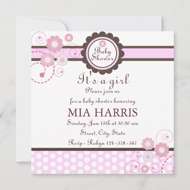 Pink & Brown Floral Design Baby Shower Invitation (Front)