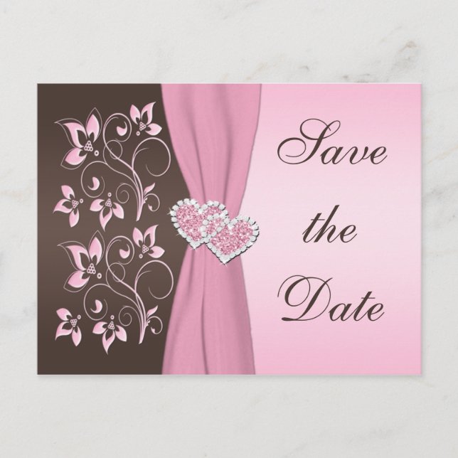 Pink, Brown Floral Hearts Save the Date Card (Front)